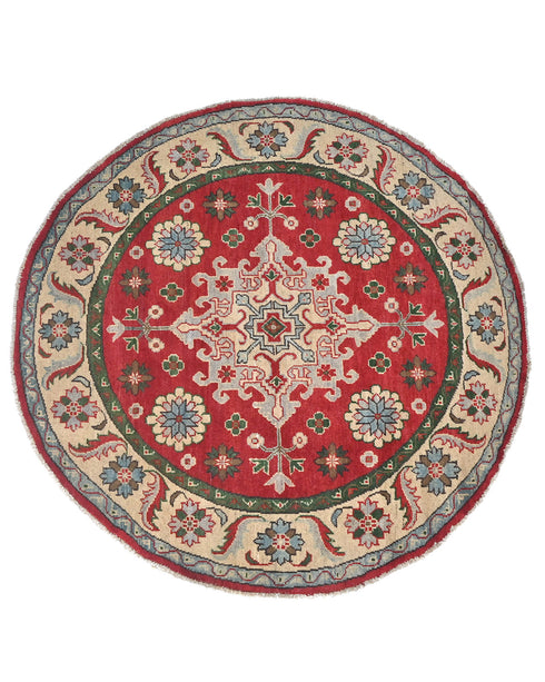 5x5 Red Kuba Afghan Hand Knotted Round Wool Area Rug